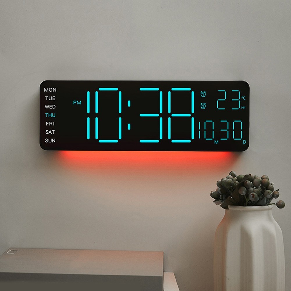Digital RGB Wall Clock with Remote Control Temp Date Week Adjustable Brightness