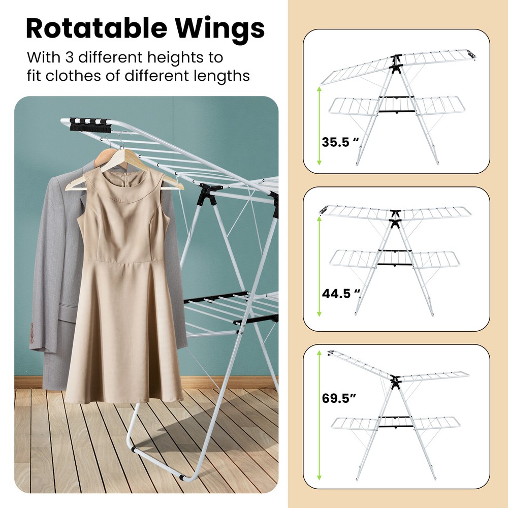 2-Tier Foldable Clothes Drying Rack 2-Level Garment Hanger w/Adjustable Gullwing