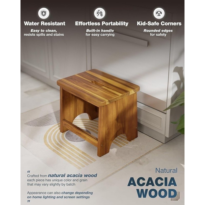 Acacia Wood Step Stool Sturdy Construction Non-Slip Handle Multipurpose Use