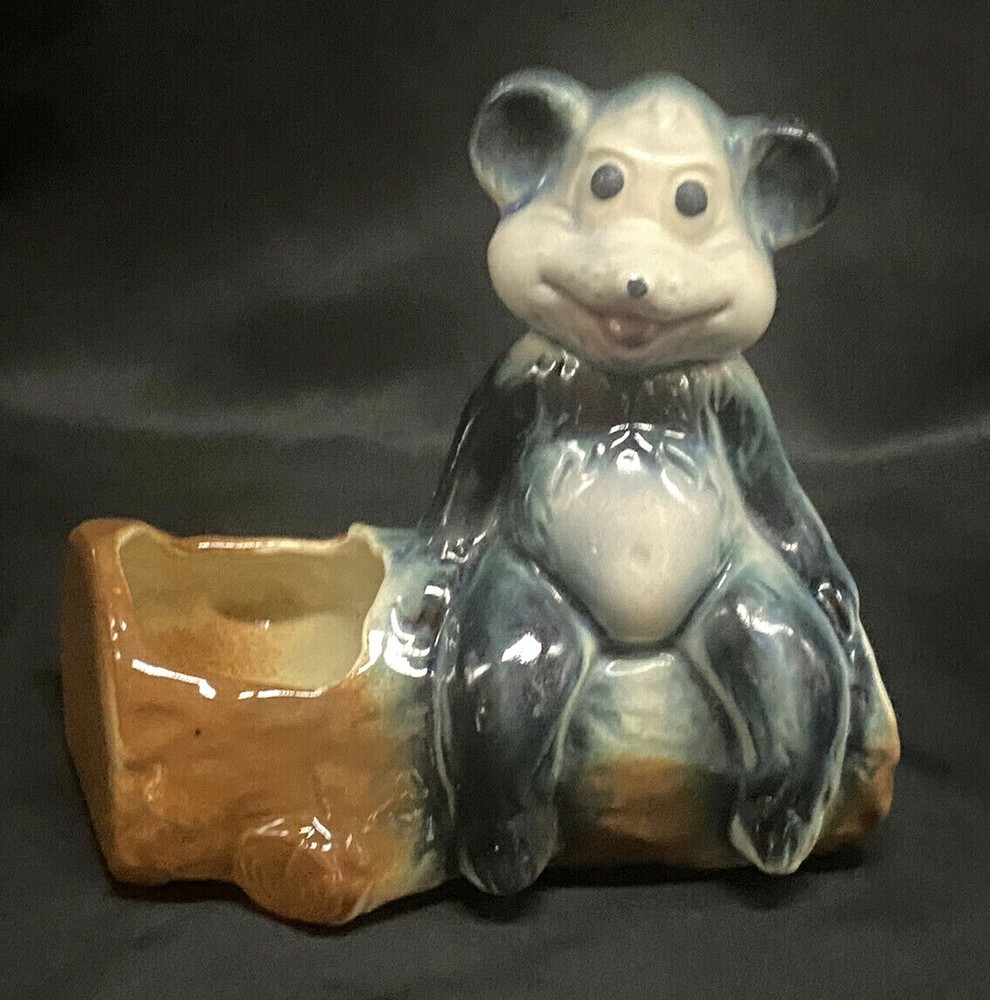 Vintage American Bisque Bear on Log Planter Wedge Bottom