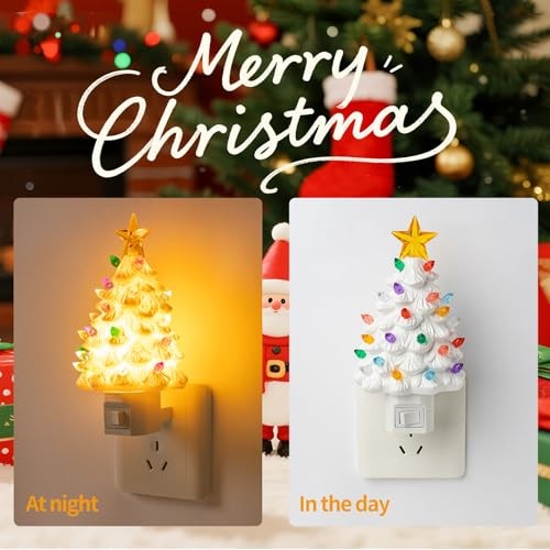 2 Pack Ceramic Christmas Tree Night Light,Vintage Decorative Xmas Tree White