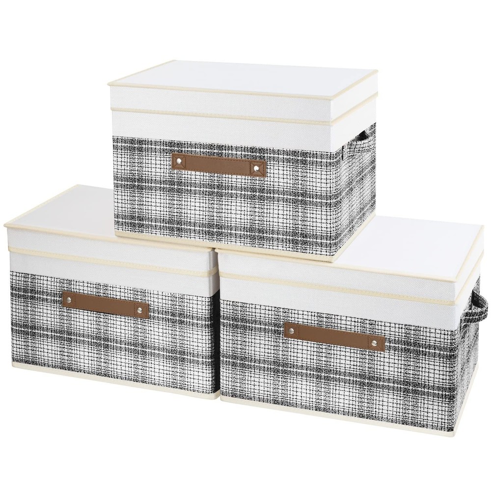 TYEERS Collapsible Storage Bins with Lids, Patchwork Design, Washable, Fabric...