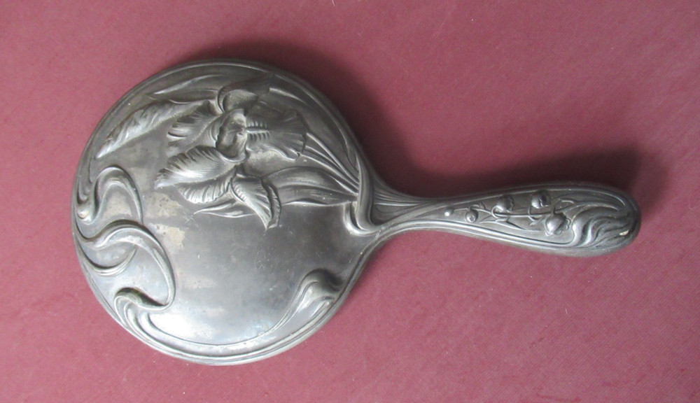 Vintage Silver Plated art nouveau Iris pattern Hand Mirror