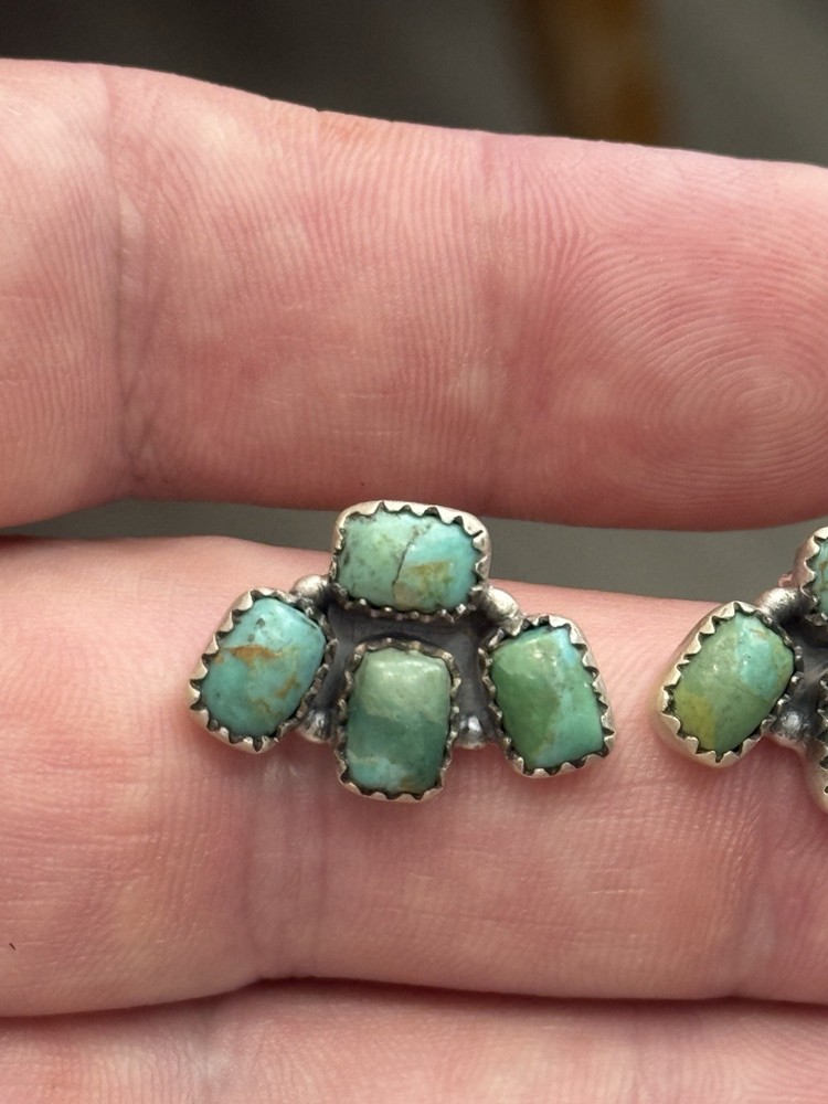 STERLING SILVER TURQUOISE 4 STONE HALF CLUSTER STUD POST EARRINGS .925
