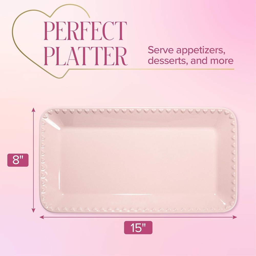 Rectangle Ceramic Stoneware Serving Platter Tray, Embossed Hearts, Microwave ...