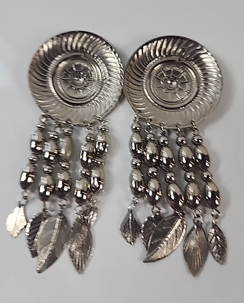 Concho Post Earrings w/Articulating Silver Feathers, 3” Long