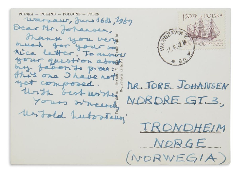 Witold LUTOSLAWSKI (Composer): Autograph Postcard Signed