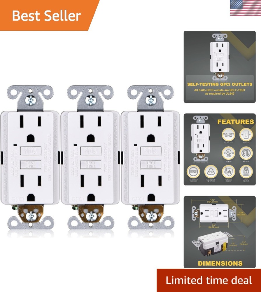 15A GFCI Outlets 3-Pack - Self-Testing with LED Indicator,  Listed for Safety