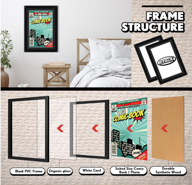 8 Pack Comic Book Frame Black Mat, UV Protection, Comic Picture Magazine Frames