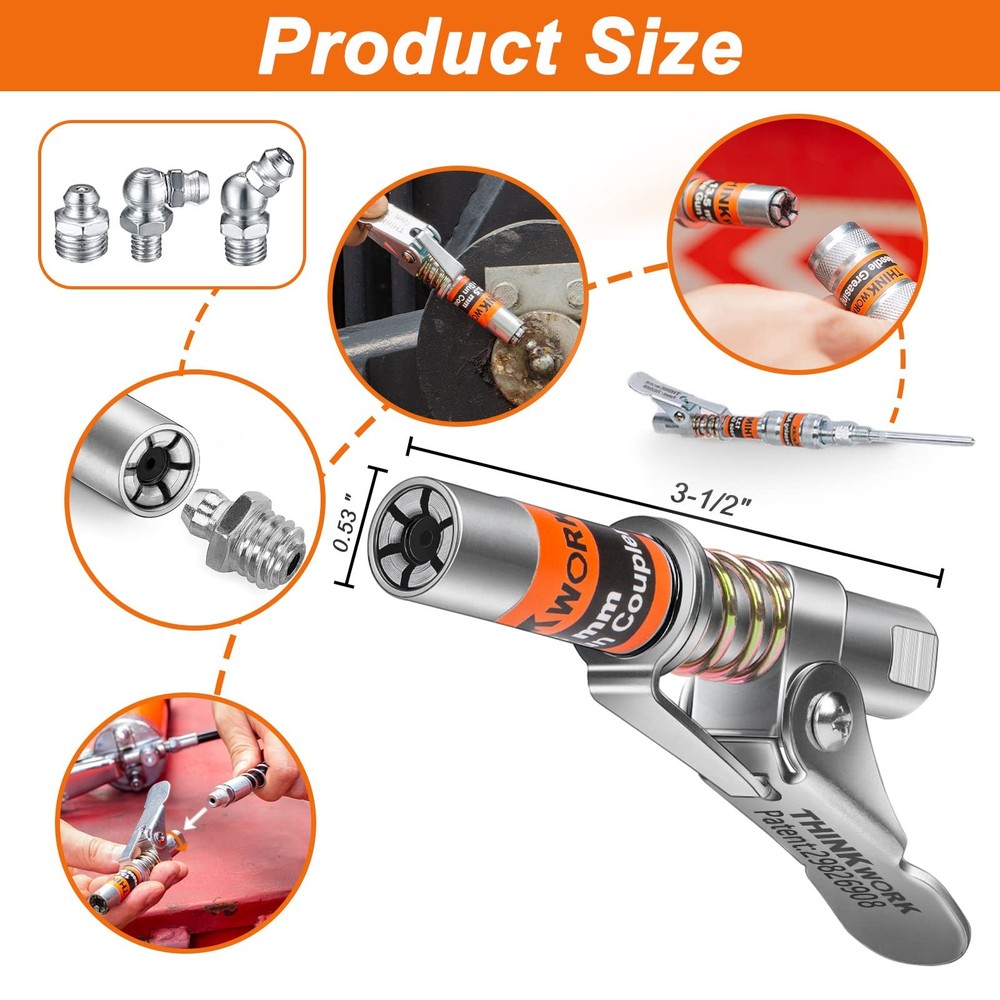 Grease Gun Coupler, Strong Lock Coupler with 12" Spring Flex Hose
