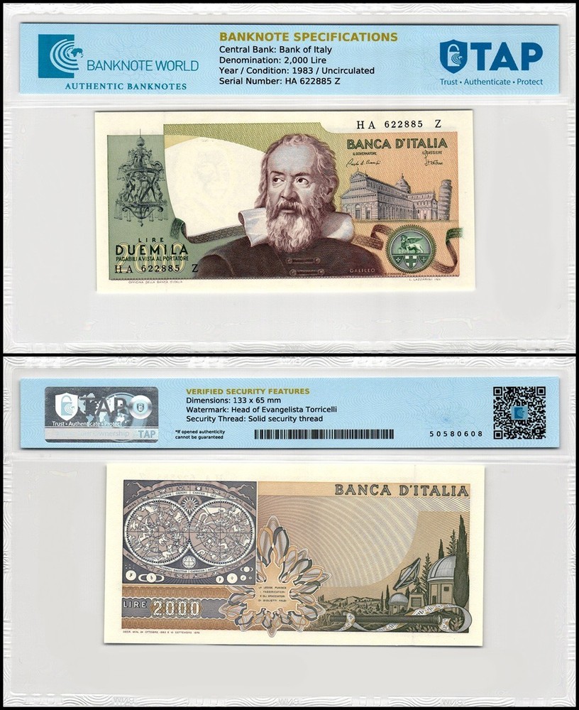 Italy 2000 Lire, 1983, P-103c, UNC, TAP Authenticated