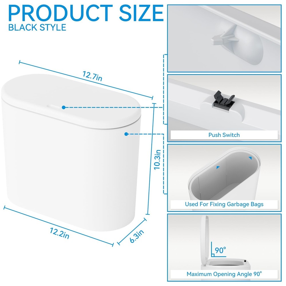 White 12 Liter Rectangular Plastic Small Garbage Can With Lid,2 Pack 3.17 Gal...