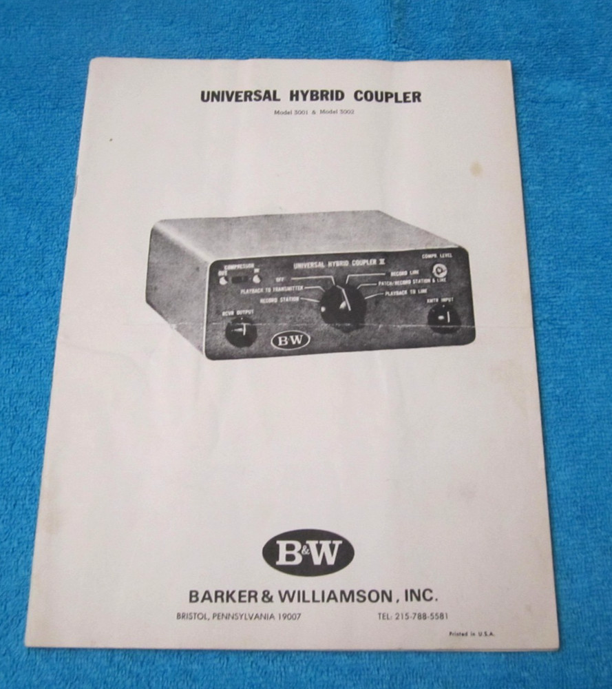 B&W UNIVERSAL HYBRID COUPLER MODEL 3002 ORIGINAL INSTRUCTIONS & TECH. DESCRIPT.