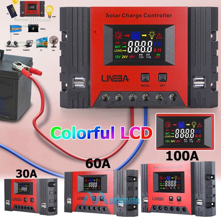 30-100A PWM Solar Panel Regulator Charge Controller 12V/24/48V Auto Focus 4 USB