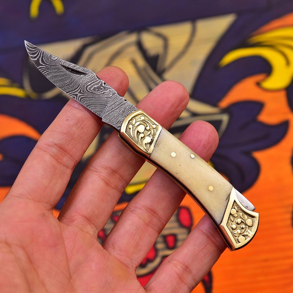 Handmade Damascus Pocket knife - Folding Blade Lock-Back Handle Camel bone