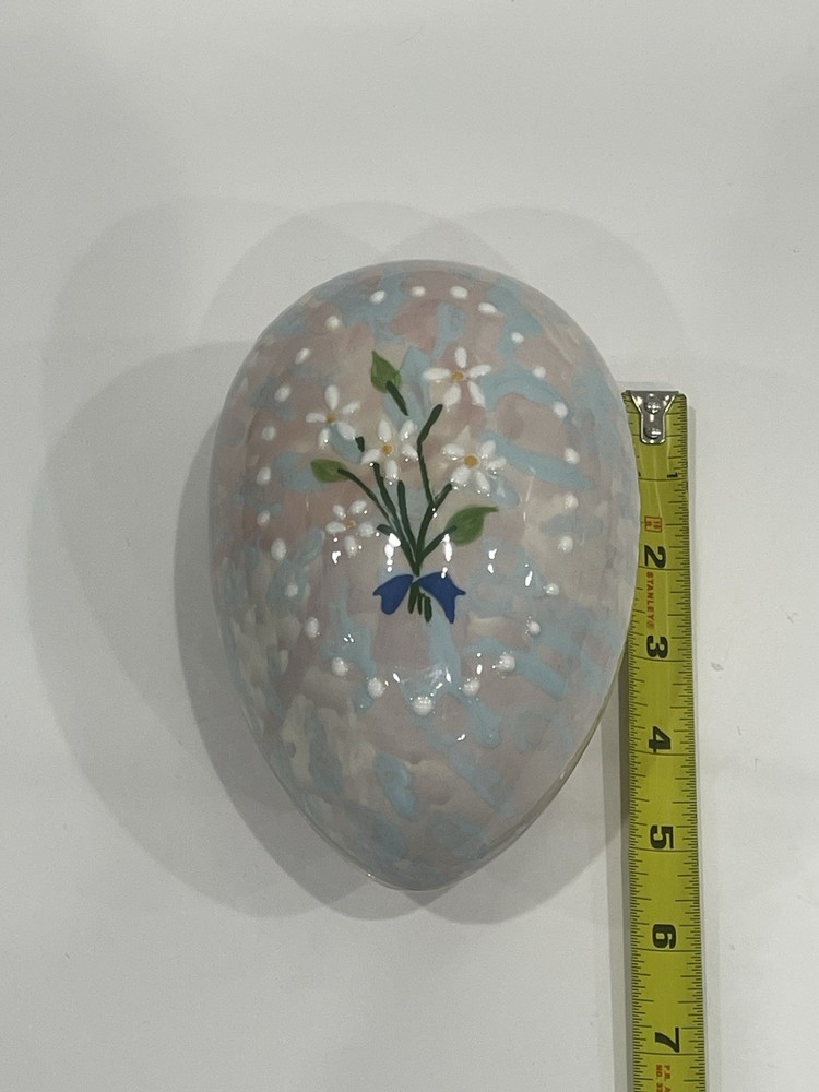 Vtg Ceramic Egg Flowers Trinket Candy Dish Hand Painted Kitsch Easter Decor