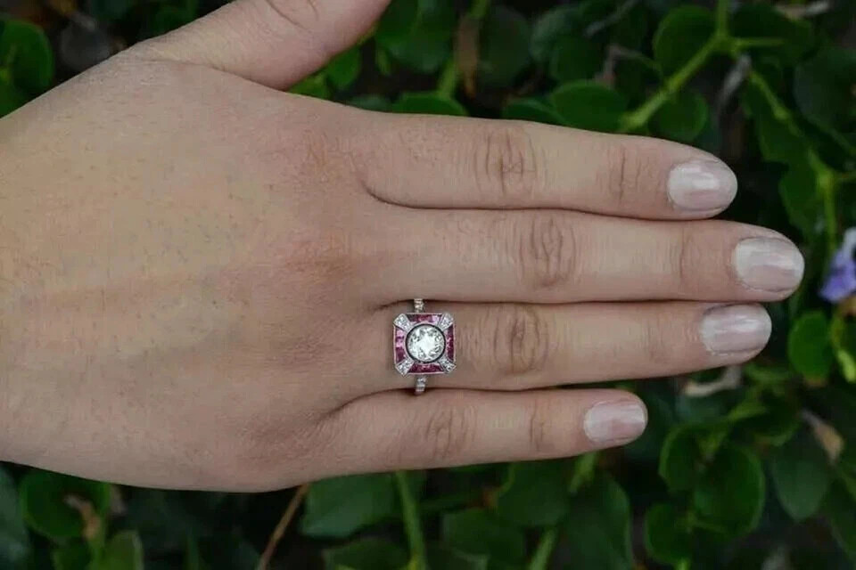 Art Deco Style Lab Created Diamond & Ruby 14k White Gold FN Engagement Gift Ring
