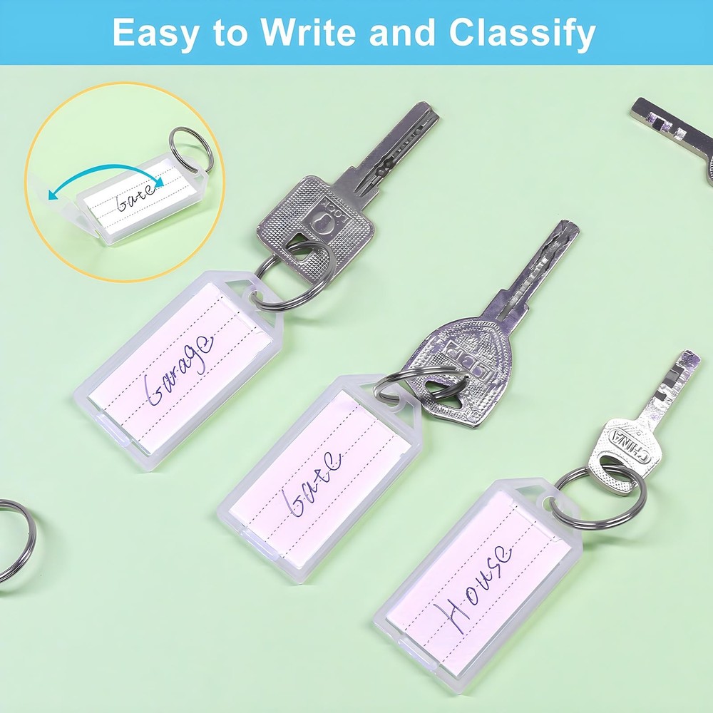 White Plastic Key Tags with Labels - 60 Pack Tough Key Chain Tag Rectangle ID