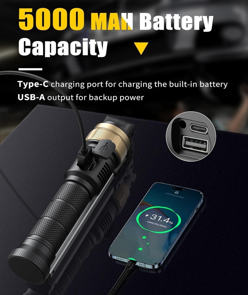 Rechaegeable Work Light, 5000mAh Magnetic Flashlight with 360° Rotate Foldabl...