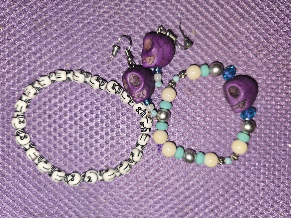 Skull Ear Ring & Bracket Set With Multiple Extra Multi Color Bracelts Set