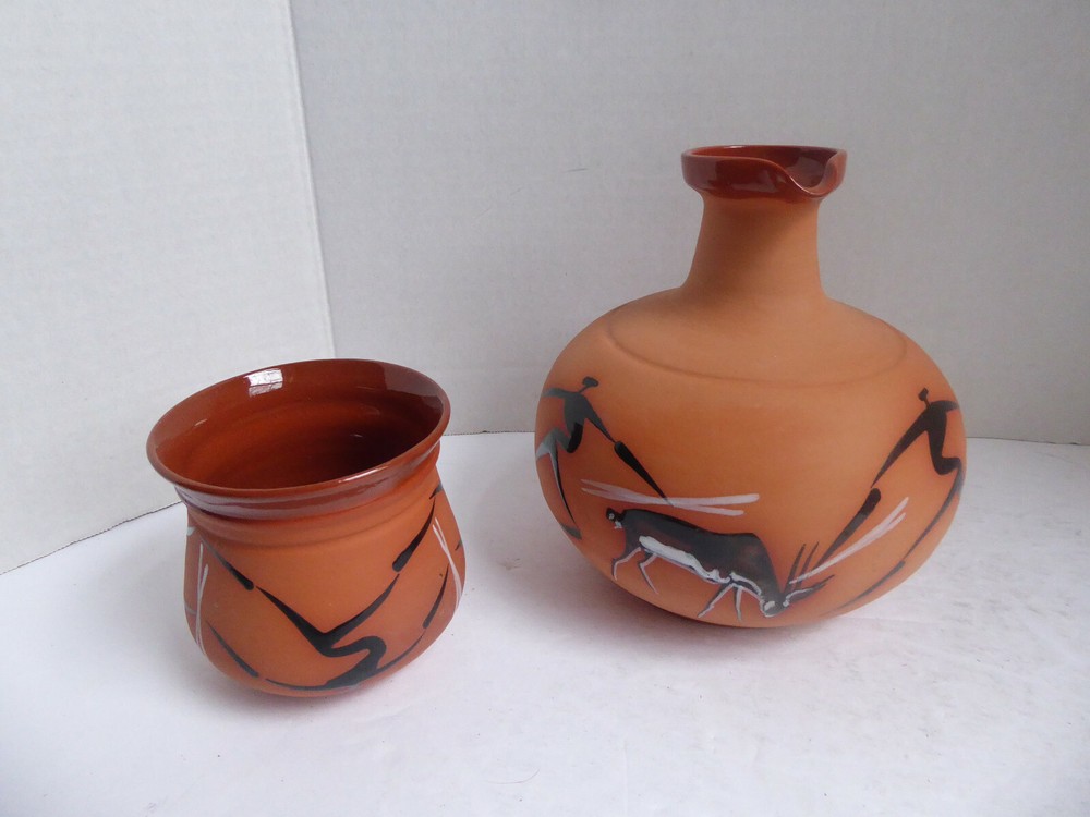 Two Piece Ceramic Terracotta Pitcher with Drinking Cup by Ti Pottery Zimbabwe
