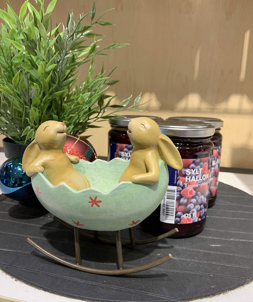 KiaoTime Laughing Bunny Rabbits in Easter Egg Cradle Spring Decor 5" H