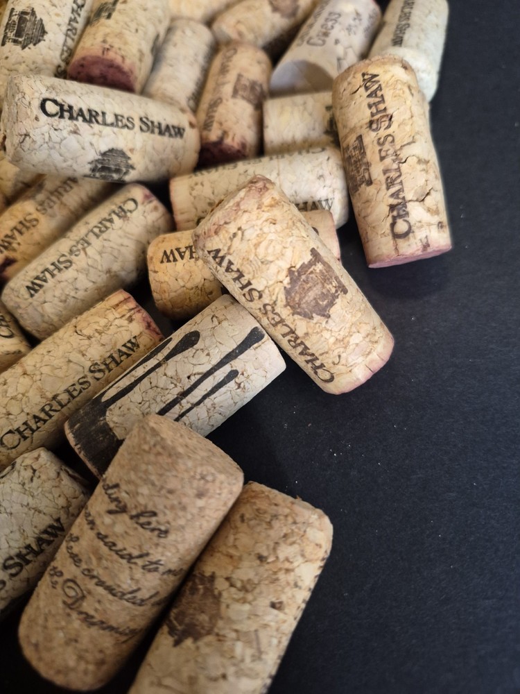 Biscotti Container Filled With Wine Corks(Mostly Charles Shaw) 7 Champagne Corks