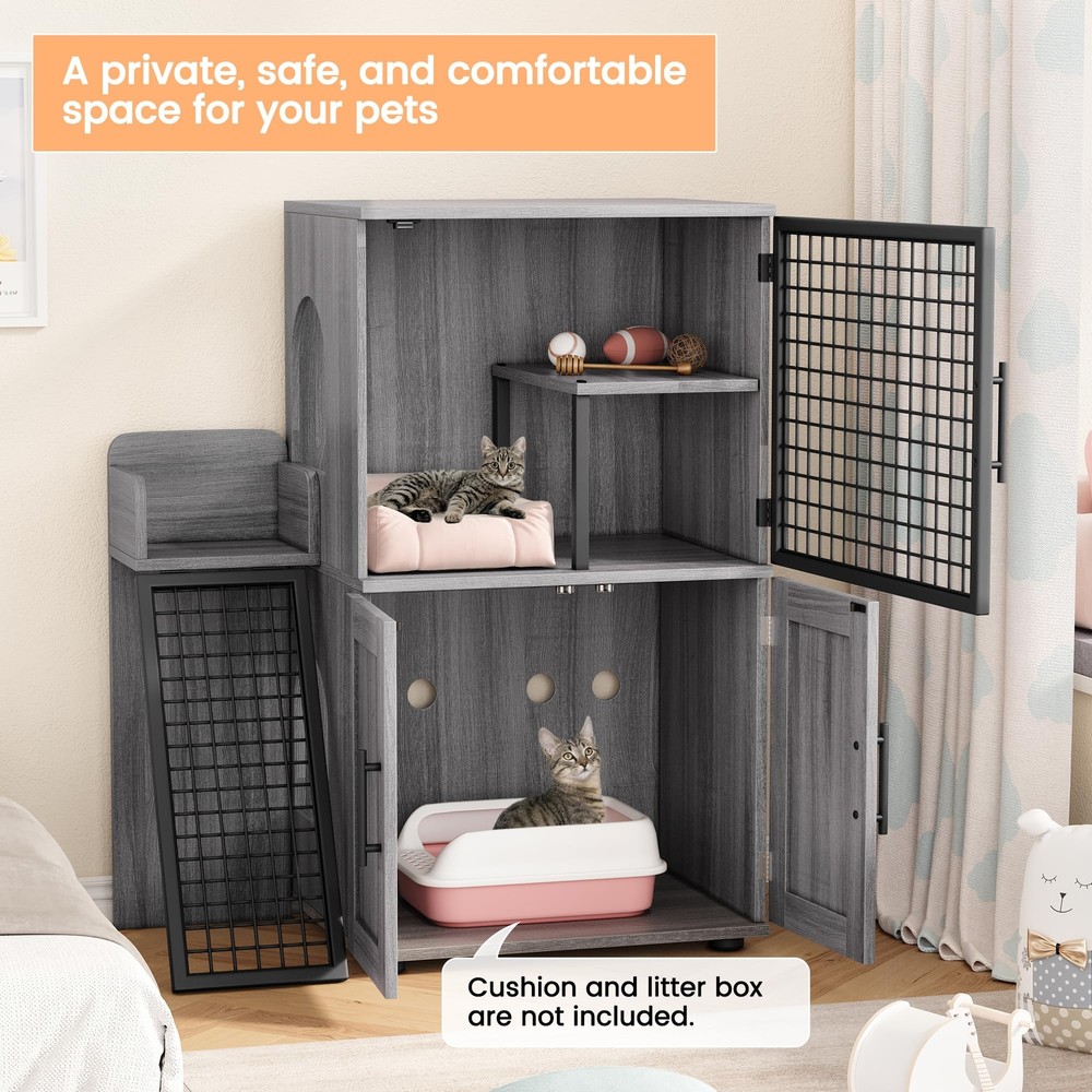 Modern Cat Litter Box Enclosure With Platform, Double Layer Cat Litter Hidden