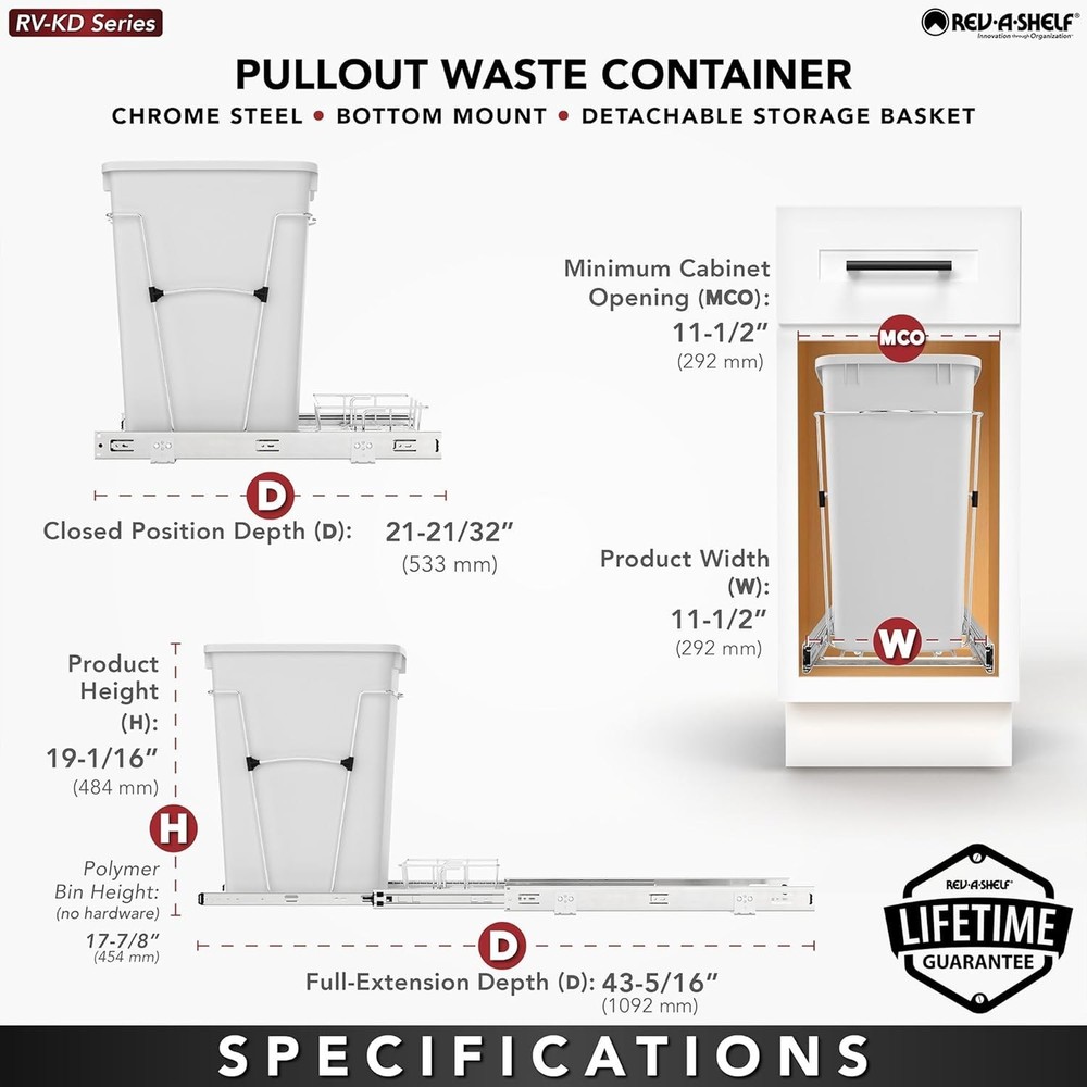 Rev-a-Shelf RV-12KD-18C S Single Pull-out 35-Qt Waste Container Black