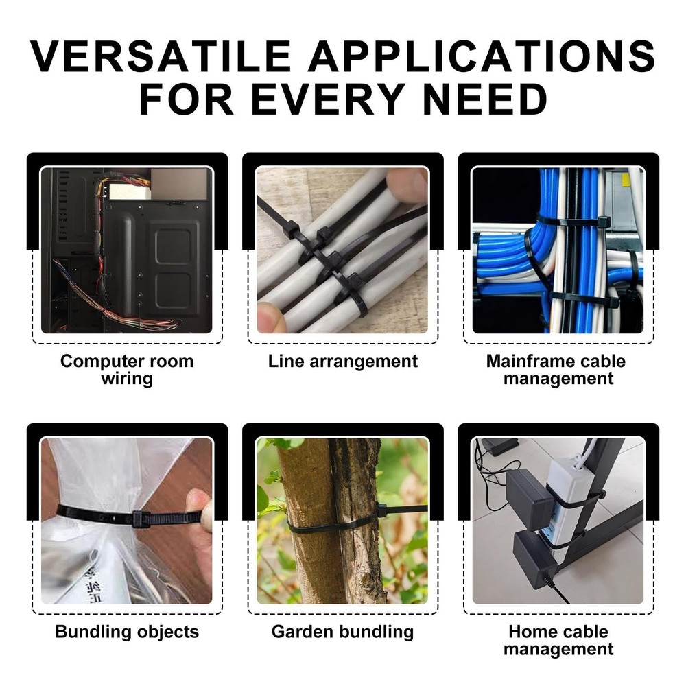 500 Pack Assorted Black Zip Ties – 4/6/8/10/12" Nylon Cable Ties (100 pcs Eac...