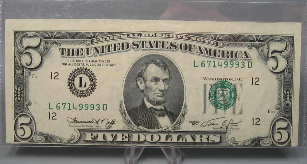 ERROR Note:  1974 $5 FRN Note. 2nd Print Shift Off-Center Error.