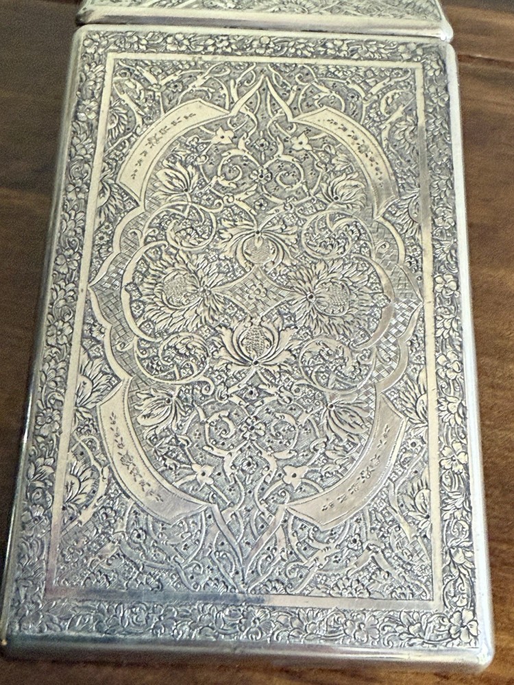 Antique Islamic Gilt Solid Silver Carved With Birds Flowers Cigarette Case Box