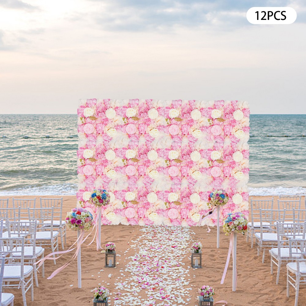 3D Flower Wall Panel-12pcs Artificial Flower Wall Background Silk Rose Wedding