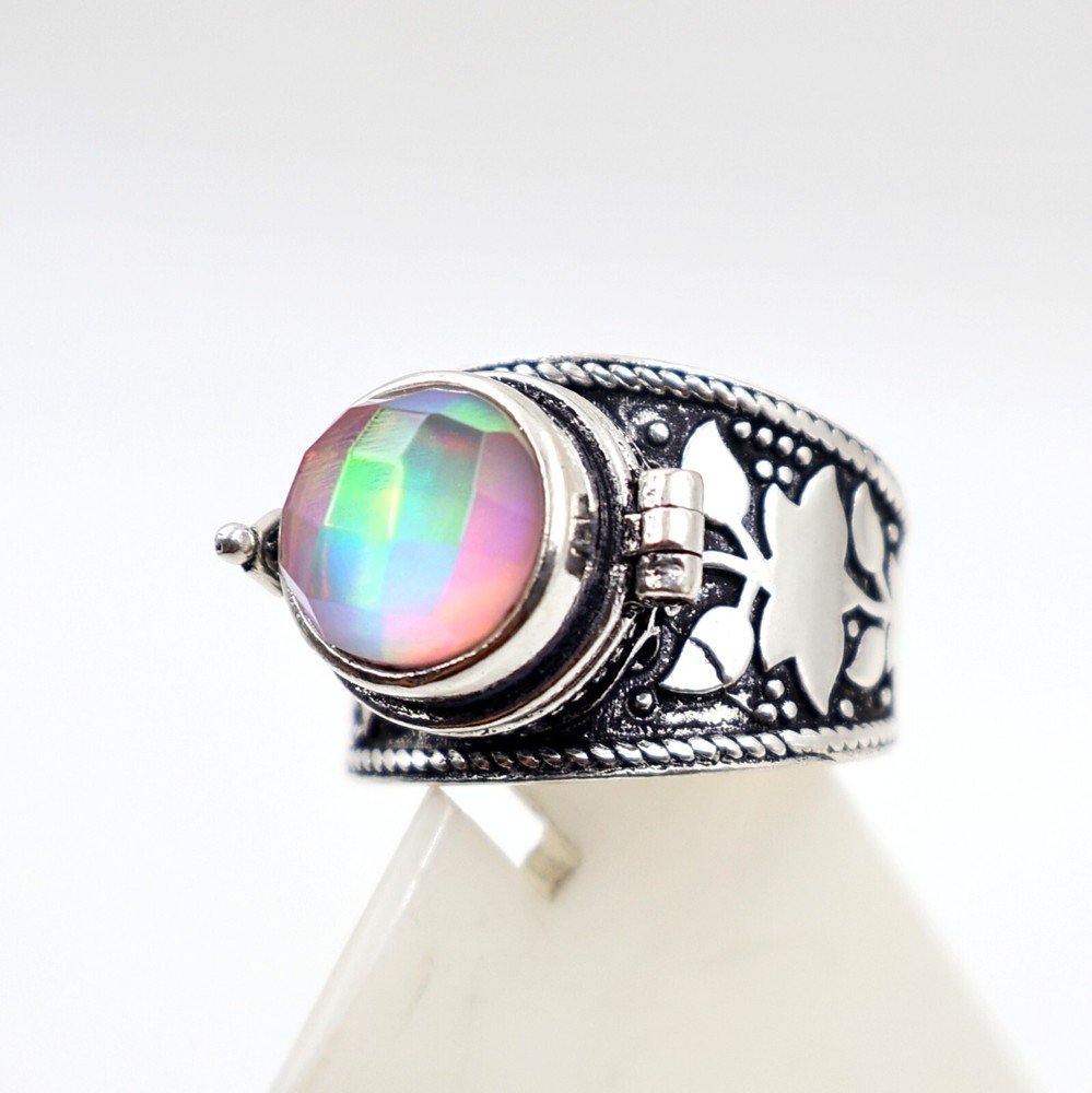 Aurora Opal Poison Ring, 925 Silver Platted Ring, Compartment Pill Box Ring