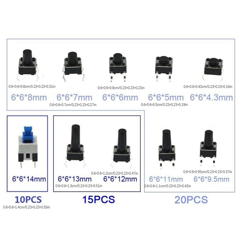 180pcs 4.3mm-14mm 10 Type Assorted 6X6 Light Touch Switch Set Push Button Switch