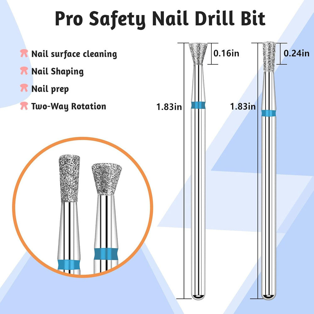 2Pcs Diamond Cuticle Nail Drill Bits 3/32” Flat Conical for Acrylic Nails