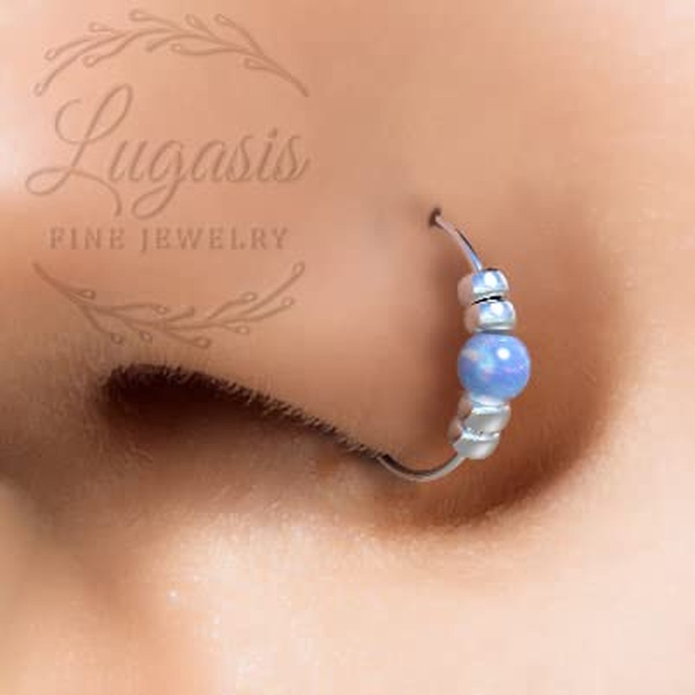 Silver Fake Nose piercing with 2mm opal Blue Opal