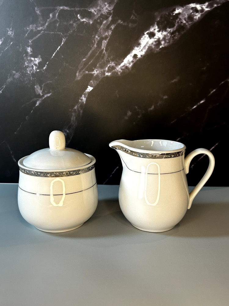 Gibson Ceramic Sugar & Creamer White with Silver Trim