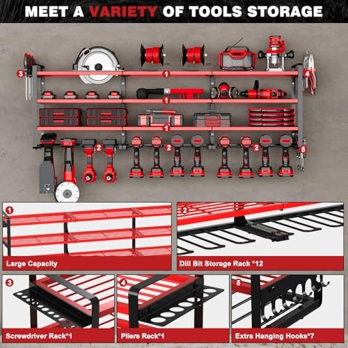 Large Power Tools Organizer Wall Mount,12 Drill Holder for Garage, Workshop Red
