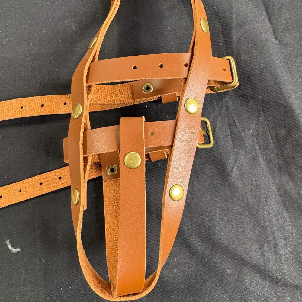 Leather Basket Dog Muzzle Adjustable Brown Brass Hardware Medium-Large Size