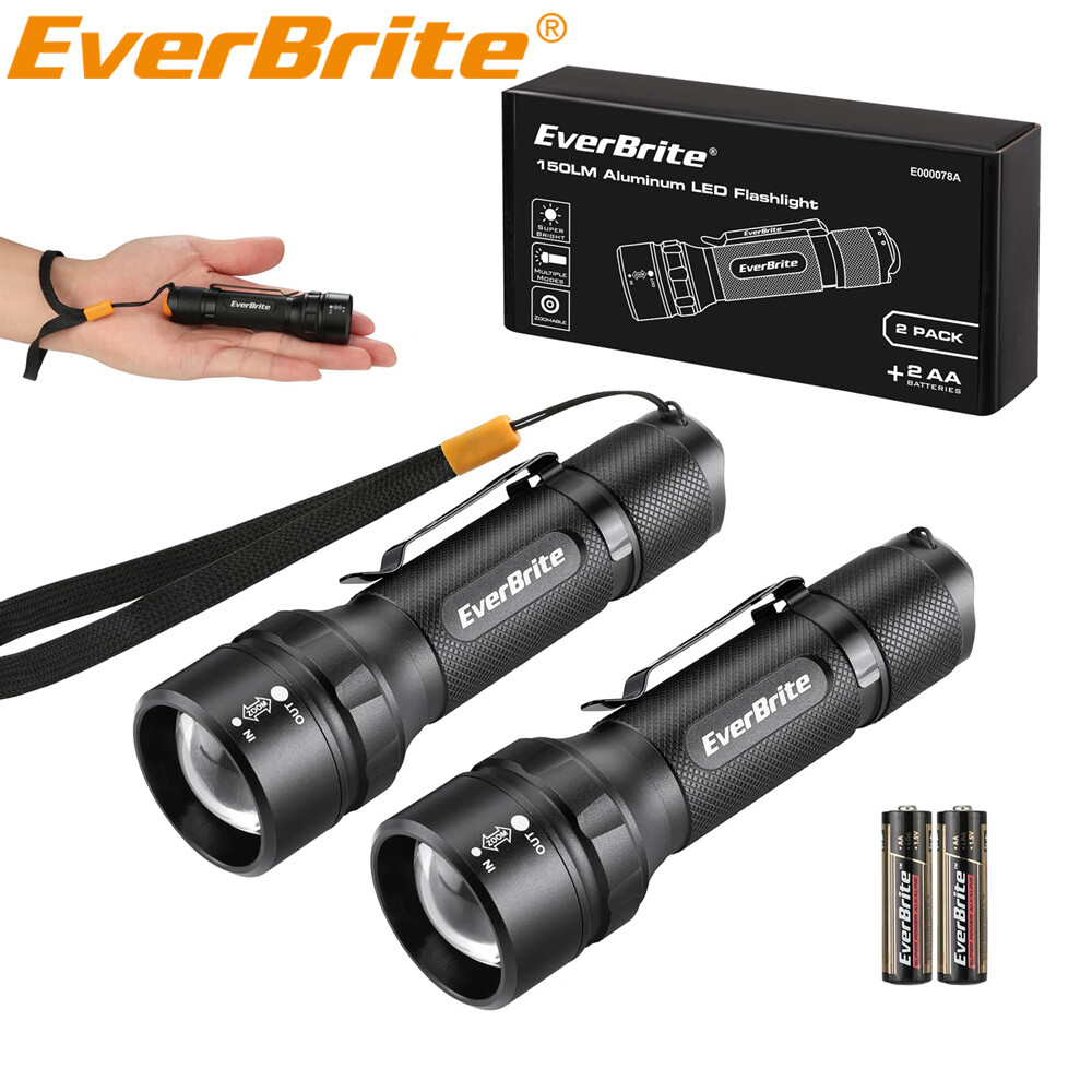 EverBrite 2PC 150Lumen Mini LED Flashlight Zoomable Adjustable Focus 3Light Mode
