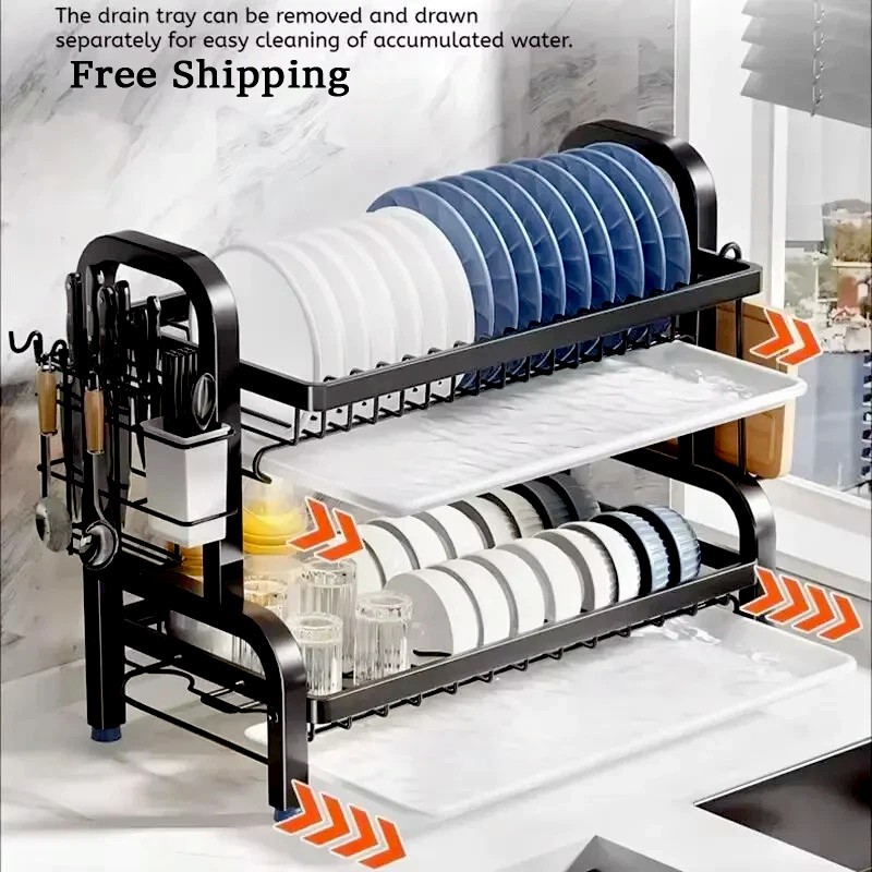 Dish Drying Rack 2-Tier Compact Kitchen Dish Rack Drainboard Set Large Rust-Proo