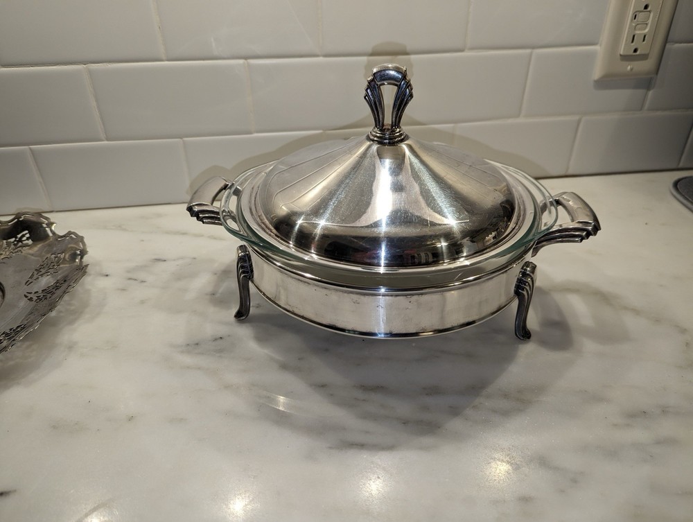 Vintage silver Plate Covered Casserole Dish w Pyrex Insert