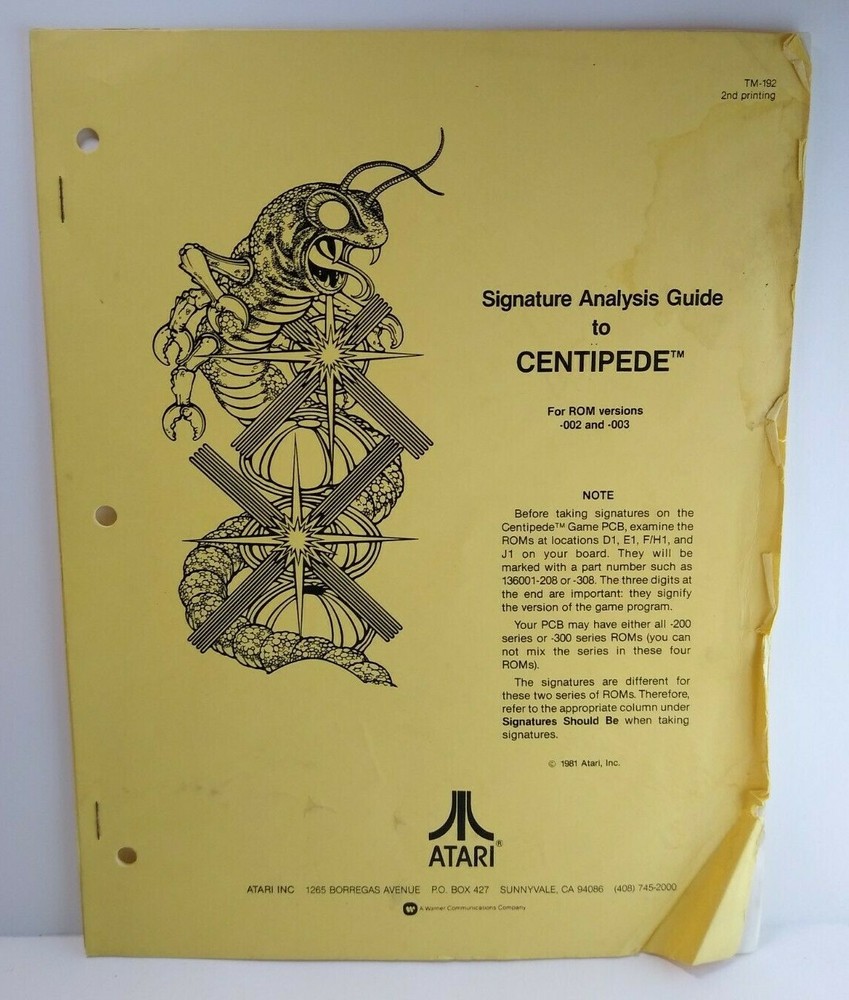 Centipede Original 1981 Signature Analysis Guide For Video Arcade Game