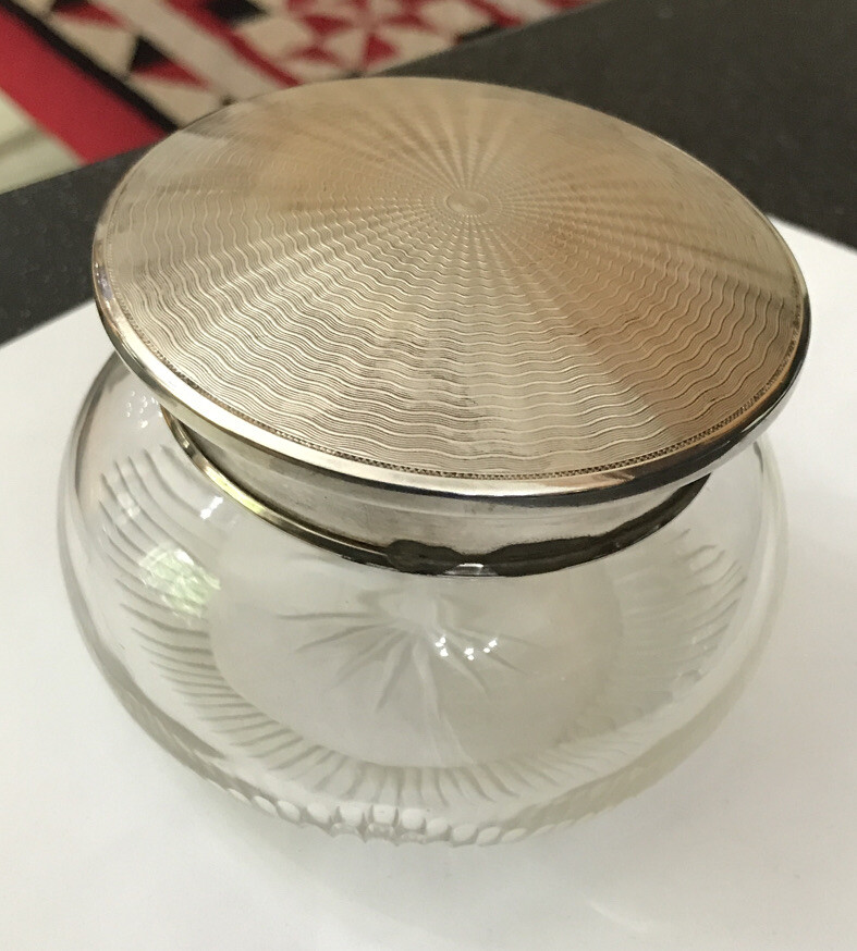 HM Hallmarked Solid Sterling Silver Glass Engine Turned Dressing Table Pot Box