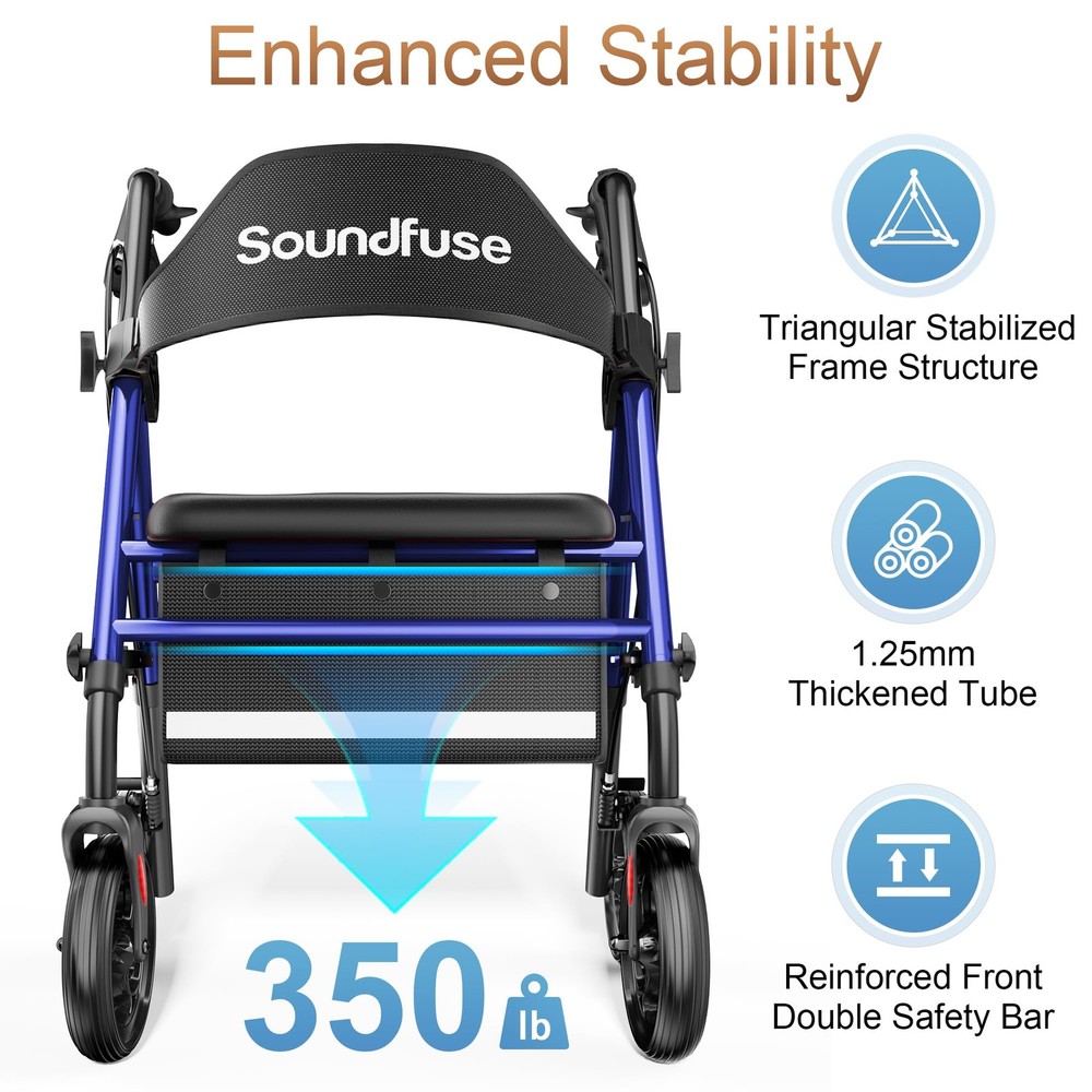Foldable All-Terrain Rollator Walker with Seat, 8" Wheels, Adjustable Height