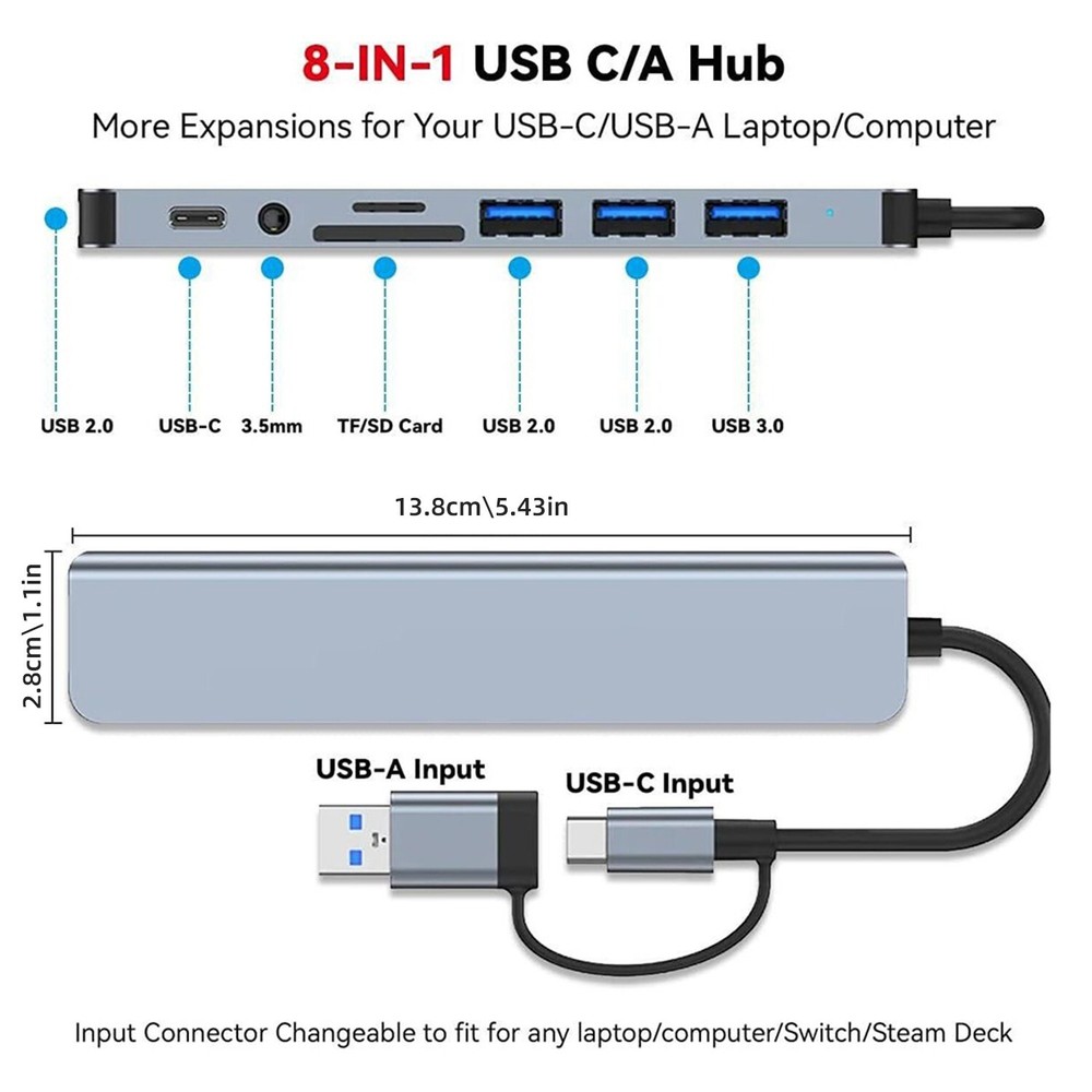 8 Port USB-C Hub Type Adapter 5G Speed Multi USB Splitter for PC Laptop Macbook