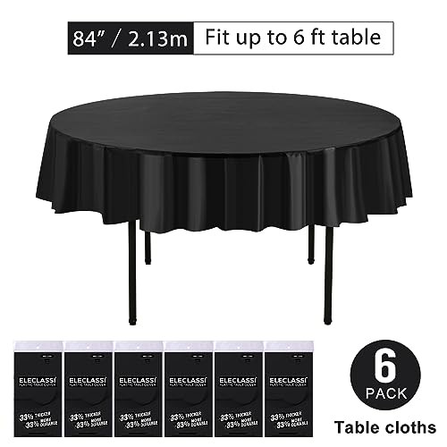 6 Pack Premium Round Disposable Plastic Tablecloth - 84 Round - 6 Pack Black