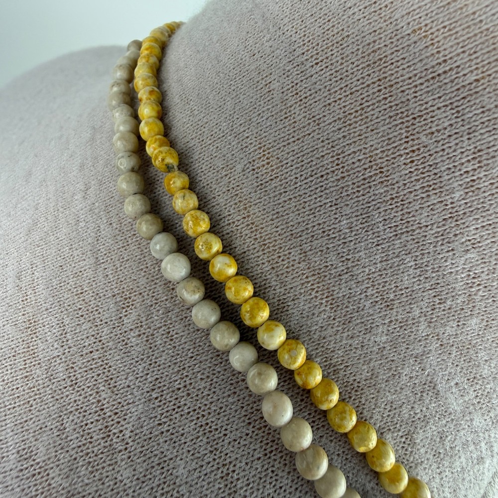 Two Strands Stone Round Beads - Beige & Yellow - Pullover - 35"
