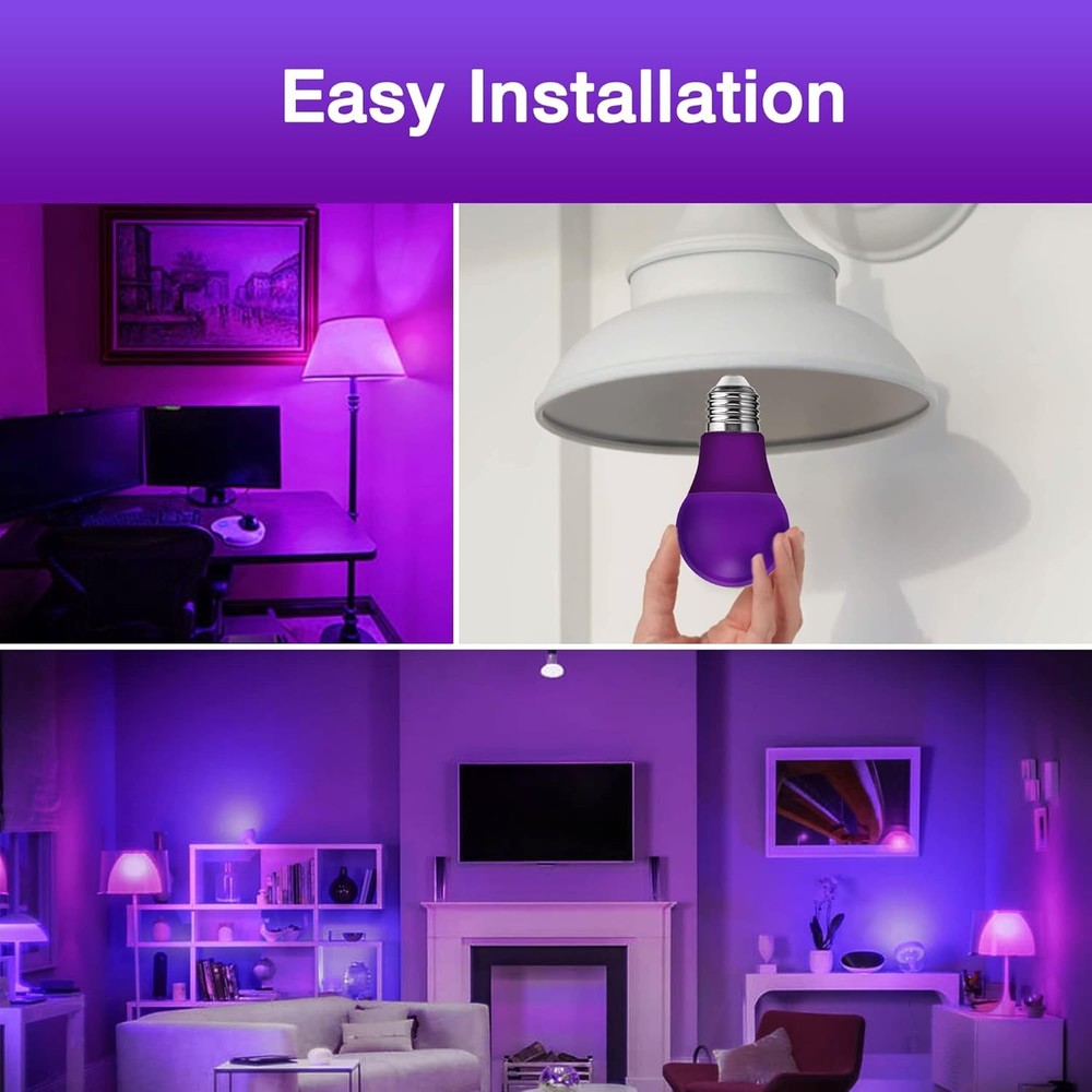 2Pack A19 LED Black Light Bulb 9W 60W Equivalent E26 Base Colored Black Lights